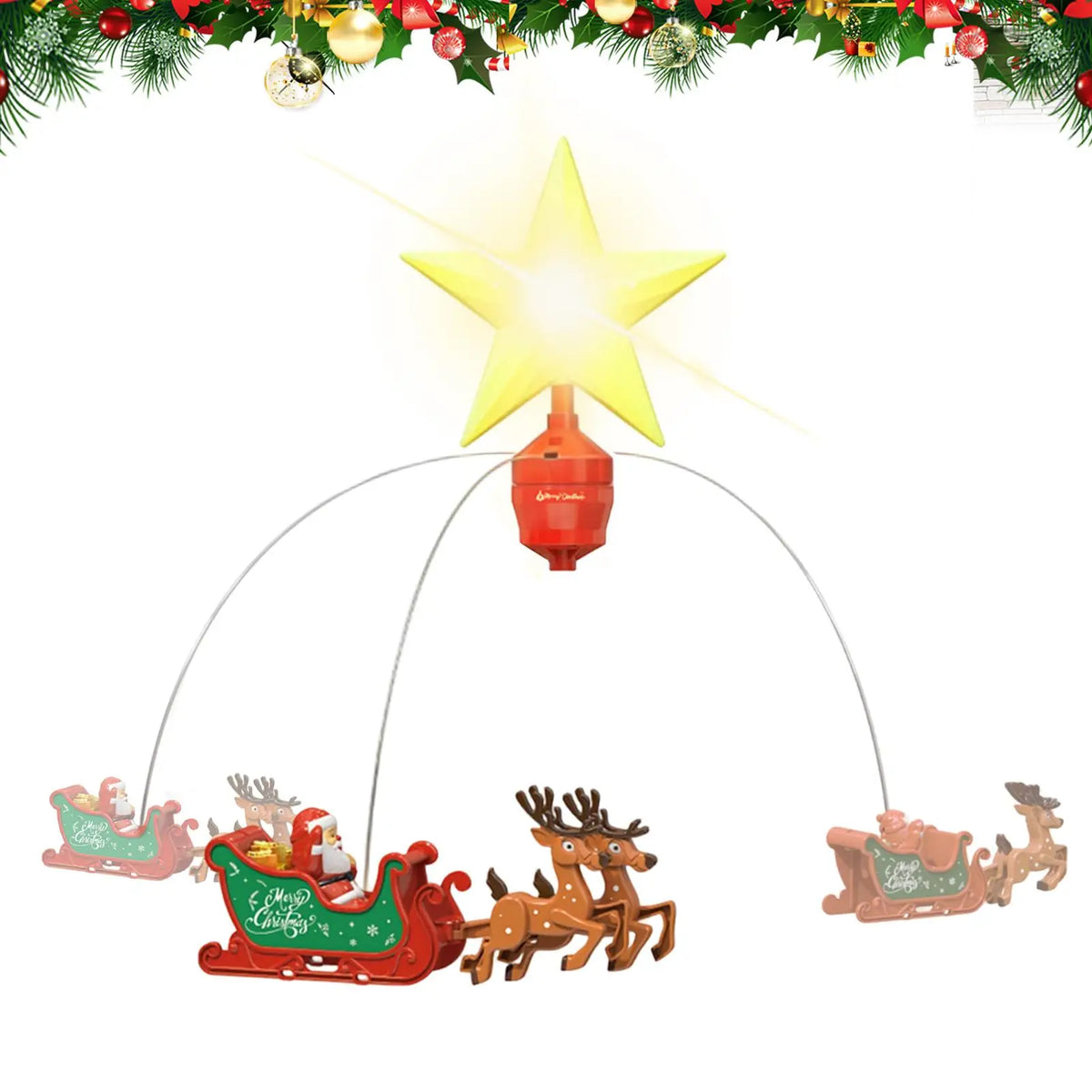 Estrella Giratoria para Árbol – Santa Claus y Reno