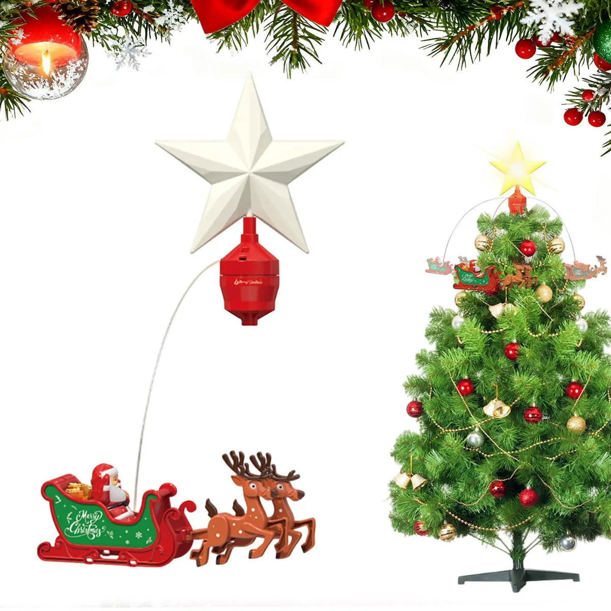 Estrella Giratoria para Árbol – Santa Claus y Reno