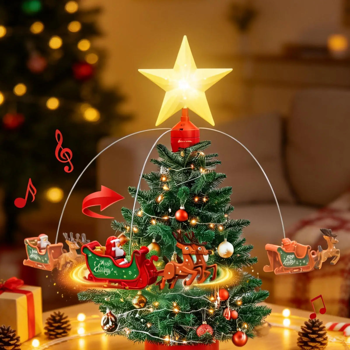 Estrella Giratoria para Árbol – Santa Claus y Reno
