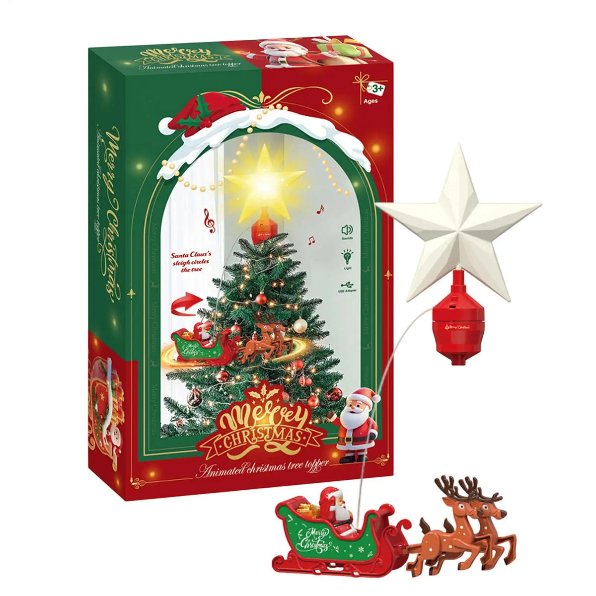 Estrella Giratoria para Árbol – Santa Claus y Reno
