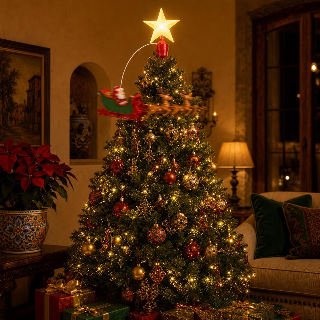 Estrella Giratoria para Árbol – Santa Claus y Reno – en ambiente navideño