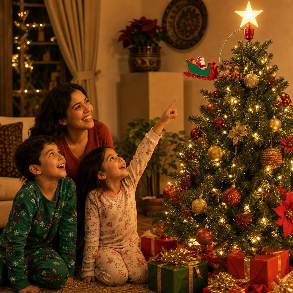 Estrella Giratoria para Árbol – Santa Claus y Reno – en uso