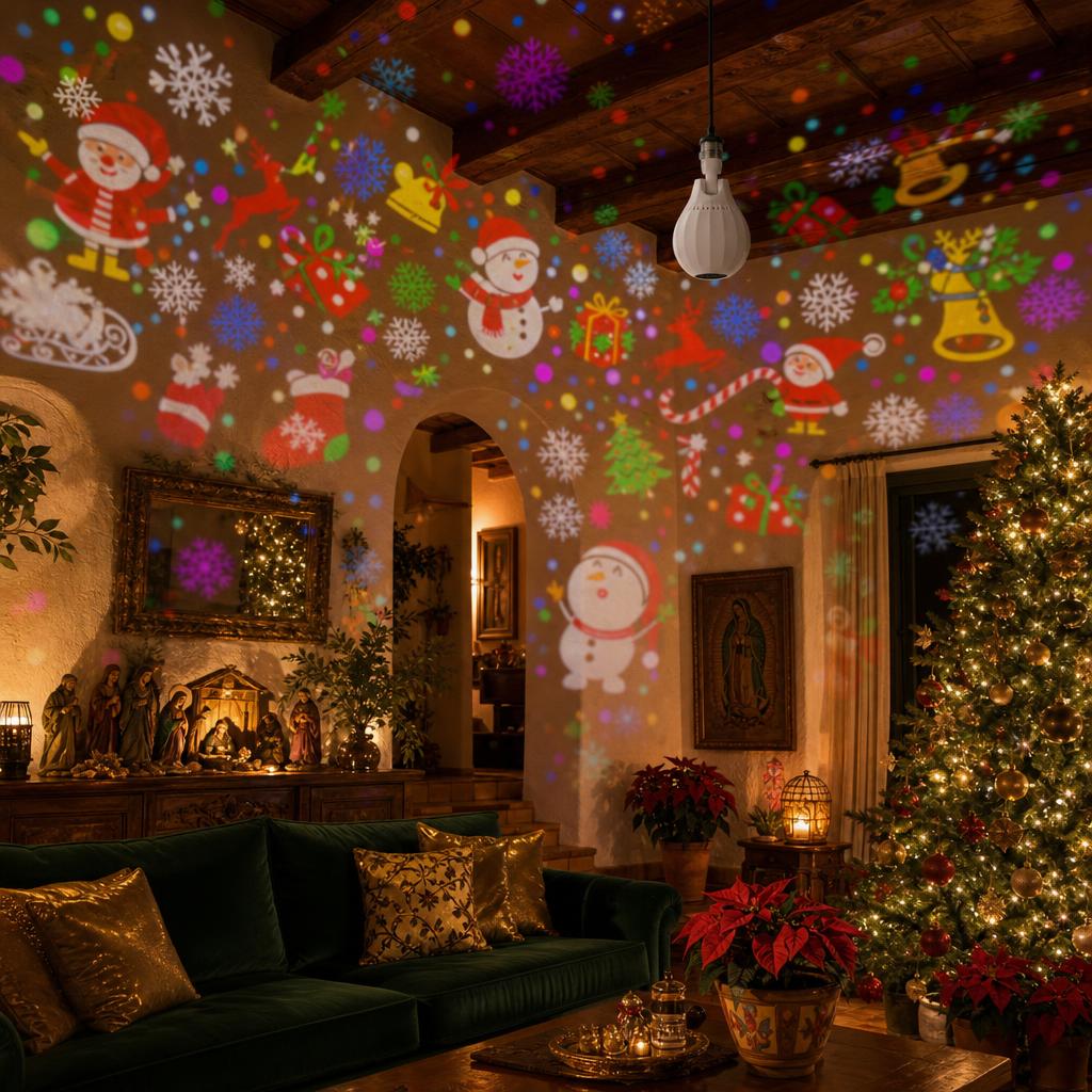 Foco Proyector Navideño – 16 Diseños Giratorios – en ambiente navideño