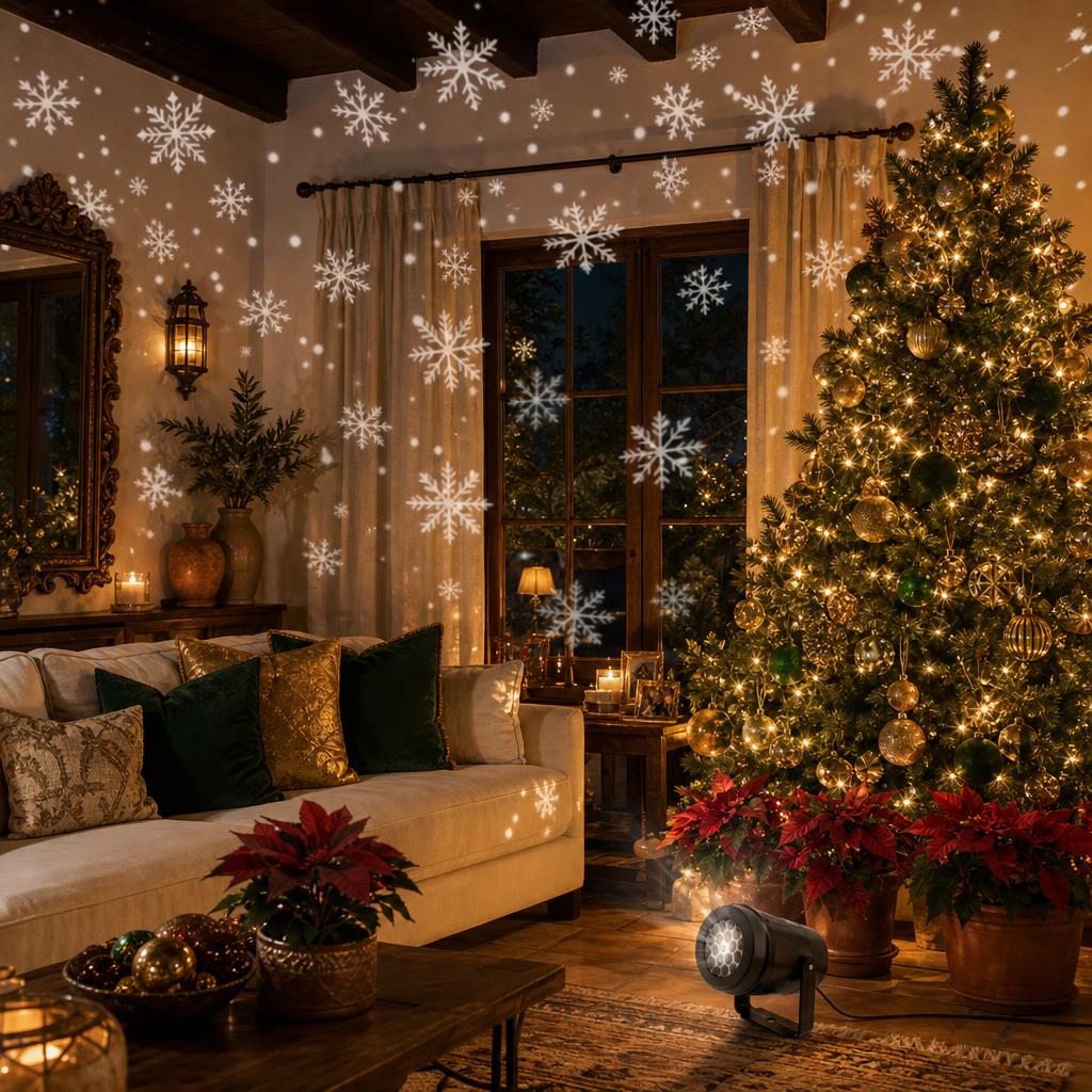 Proyector de Copos de Nieve Giratorio – LED USB – en ambiente navideño