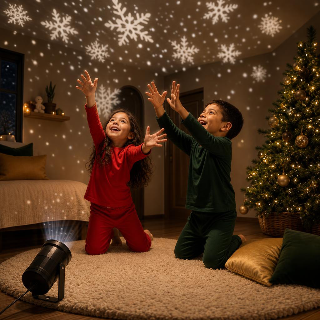 Proyector de Copos de Nieve Giratorio – LED USB – en uso