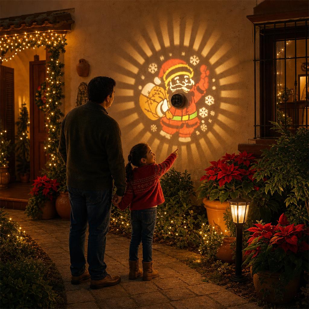 Proyector Solar de Santa Claus para Exterior – en uso